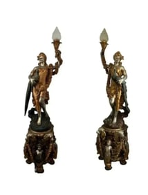 Pair of Luxury Lady Lamps Holding Peacocks Bronze Sculptures