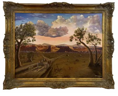 1986 Moving through Grand Canyon Landscape Painting by Maurice Green: Another impressive work of Maurice Green of Grand Canyon Canvas on Panel -Arizona landscape- Original hand Oil Painting on Panel - Frame 48 x 38 in H -