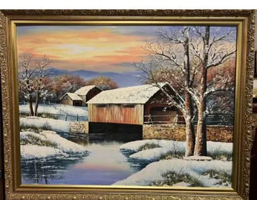 Large Lanscape Cabins Lake Snow Scene Oil Painting by K. Michealson