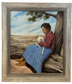 1992 - Native American Girl Holding a Sheep Oil Painting by J. R LUSK