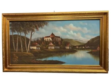 Lanscape Castle Village by Lake Oil Painting by Nash