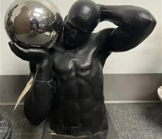 Modern Atlas Sculpture Holding Stainless Steel Ball