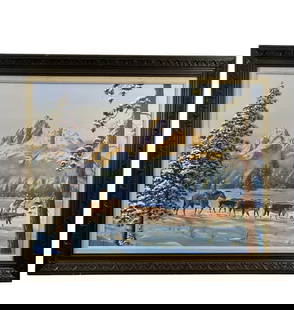 Moving the pack Oil Painting by Maurice Green 1982: Original hand Oil Painting on Panel - Frame 48in L x 38 in H - Painting: 39 1/2 x 29 1/2 H