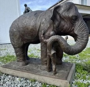 1999 Large Bronze Elephant and Human Sculpture by Terri M.