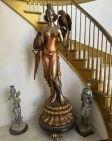 Life Size Show Girl Holding Macaws Bronze Sculpture