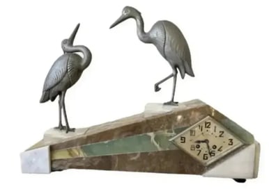 Large Art Deco Cranes Sculpture Mantel Clock