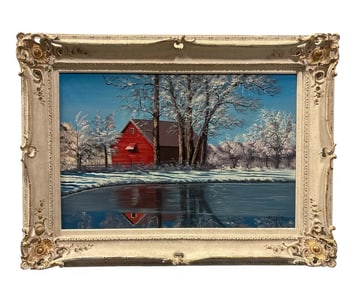 Landscape Red Cabin and Lake Oil Painting Signed