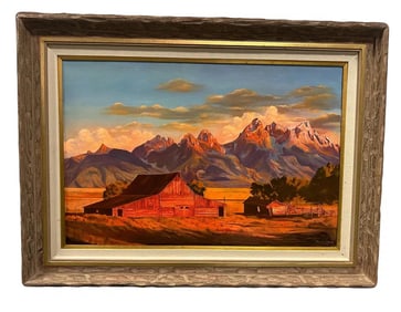 1990 Landscape Mountain and Barn Oil Painting by Maurice Green