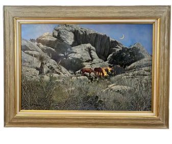 1986 Landscape Horses Camp Fire by L. Benjamin Porter Oil on Panel