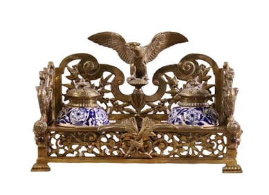 19th Century Eagle Brass Desk Tray With Double Coalport Porcelain Inkwells