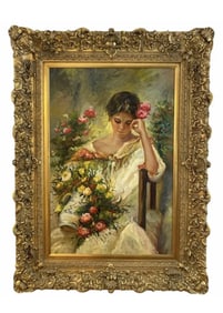 Large Lady and Flowers Oil Painting Signed