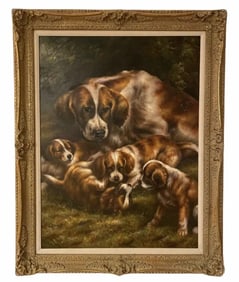 Large Setter Litter Dog and Puppies Oil on Canvas Dog Family