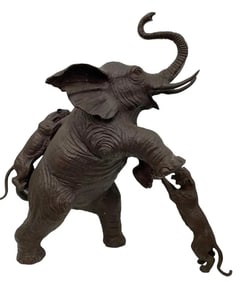 Large Bronze Elephant Attacked by Two Tigers