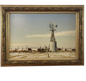 Authentic 1983 Oil on Canvas Windmill Landscape by Walt Johnston