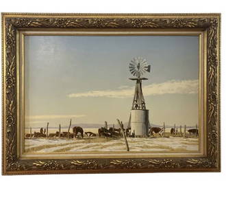 Authentic 1983 Oil on Canvas Windmill Landscape by Walt Johnston: Frame: 45 in x 33 in H - Painting: 35 1/2 x 23 1/2 in H ***** Walt Johnston ( 1932-2018) was a contemporary realist. He looked at everything in the most modern way, saw the underlying abstract form, t