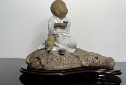 Porcelain Kid Babe Child Bairn Boy Buddhist Monk Oxen Statue