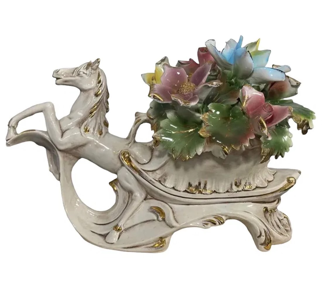 Large Italian Capodimonte Porcelain Carriage Horse: Made in Italy-Measurements: Measurements: 19 in L x 13 in H x 6 in W