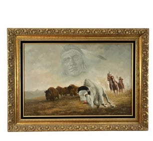 Native Hunting Bisons Oil Painting Signed