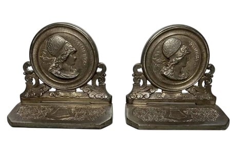 Pair of Antique Silver Over Bronze Minerva Bookends