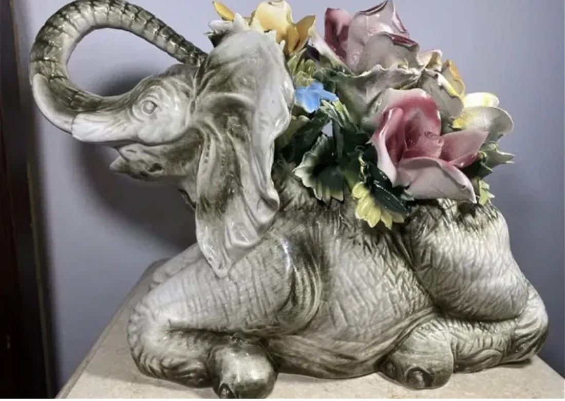 Large Italian Capodimonte Elephant: Porcelain - Made in Italy - Measurements: 16 in L x 12 in H x 8 in H