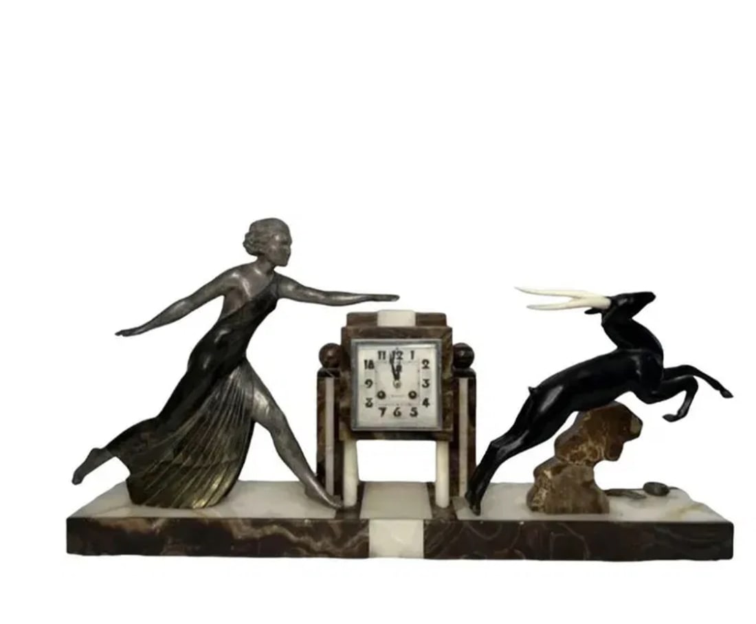 Huge Art Deco Antique French Sculpture Woman & Antelope Clock: Measurements: 30 in L x 19 in H x 6 in W