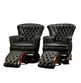French Rockers & Footstools Upholstered In Black Leather