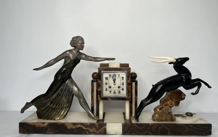 Art Deco Monumental Antique French Sculpture Woman & Antelope Clock