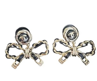 Chanel Metal and Leather Bow Drop Earrings