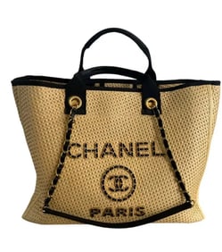 Chanel Straw Raffia Calfskin Chain Medium Deauville Tote Beige Black
