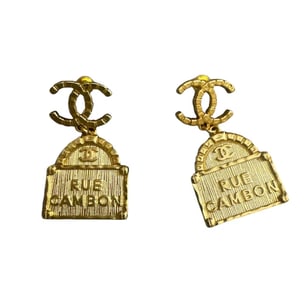 Chanel Rue Cambon Gold Tag Dangle Earrings