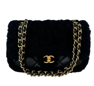 Chanel Shearling Flap Bag Black Brushed Gold Hardware