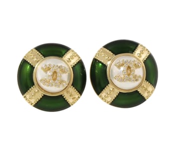 Chanel Dark Green and Gold Earrings