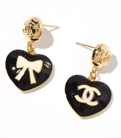 Chanel Black and Gold Heart Earrings