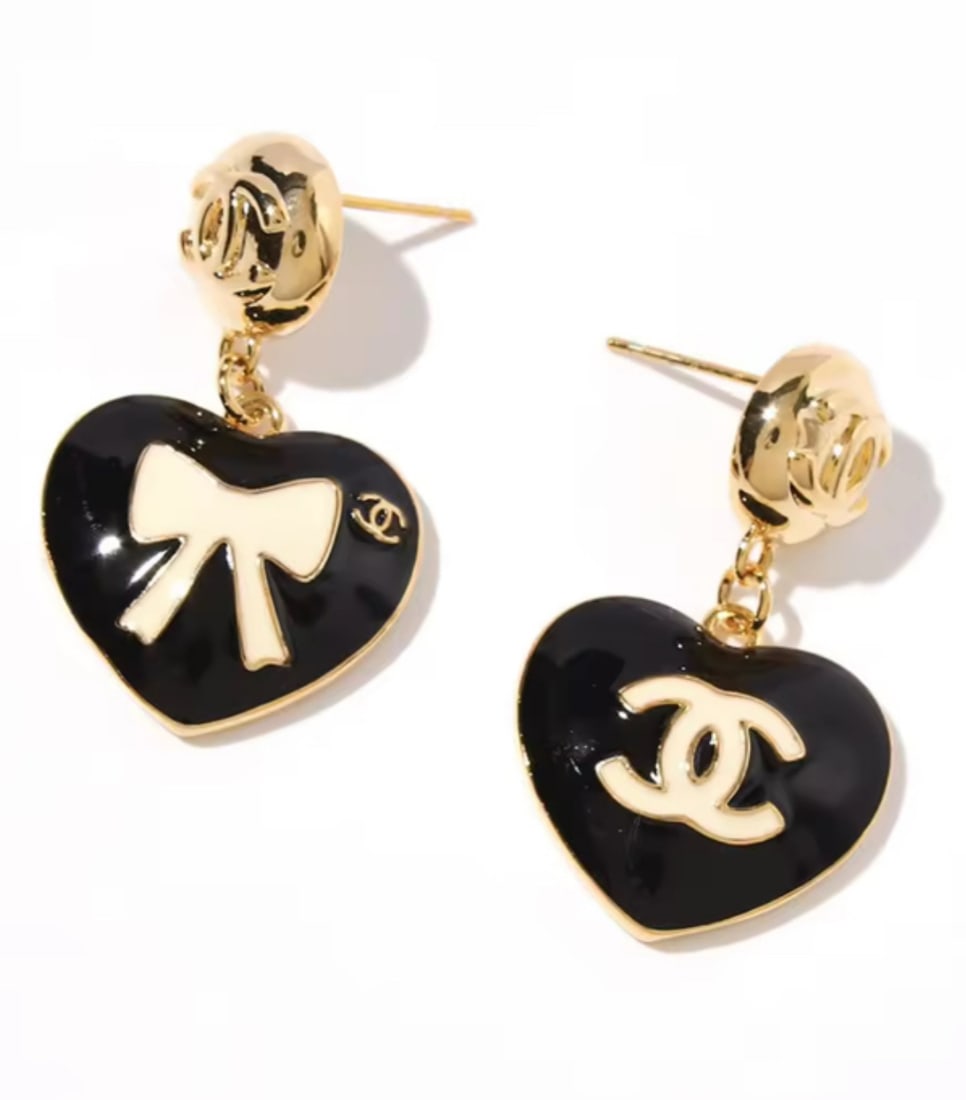 Chanel Black and Gold Heart Earrings