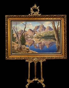 1982 Landscape Lake and Mountain Painting by Maurice Green Oil Painting