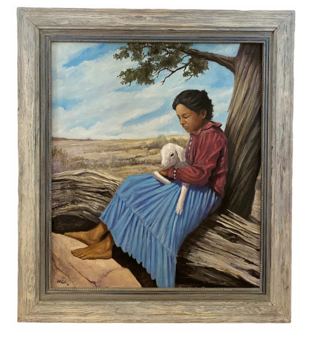 1992 Extra Large Native American Girl Holding a Sheep Oil Painting by Lusk (1 of 5)