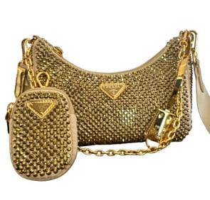 Prada Re-Edition Satin Crystal Platinum Gold Shoulder Bag