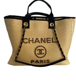 Chanel Straw Raffia Calfskin Chain Medium Deauville Tote Beige Black
