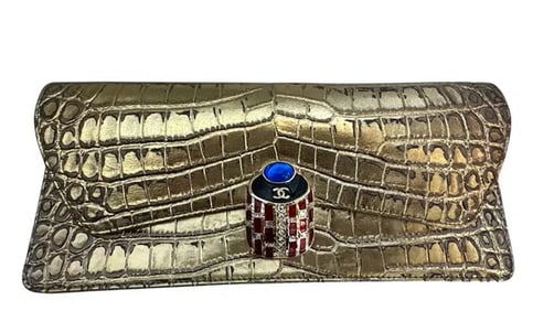 Chanel Gold Crocodile Embossed Paris New York Coco Scarab Ancient Egyptian Clutch Gold Hardware