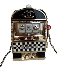 CHANEL Resin Crystal Slot Machine Minaudiere Black Gold White Red