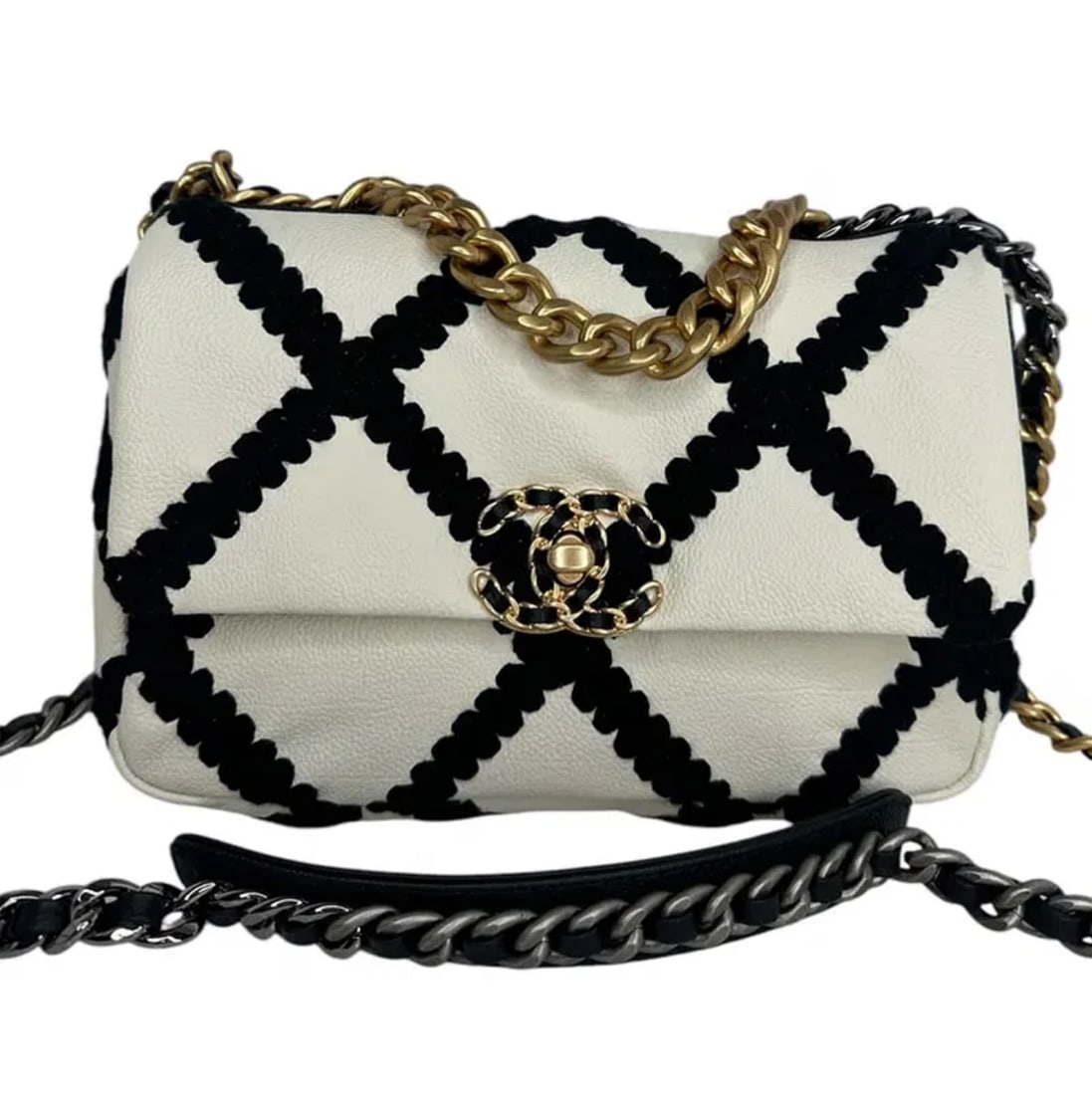 Calfskin Crochet Medium Chanel 19 Flap White Black (1 of 5)