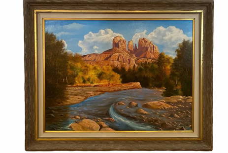 Landscape Mountain River  by Maurice Green 1987: Another impressive work of Maurice Green of Grand Canyon Canvas on Panel -Arizona landscape- Original hand Oil Painting on Panel - Frame 50In L x 40 in H - Painting: 340 in L x 30 in L *