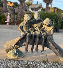 Jumbo Life Size Bronze Children on Log Sculpture