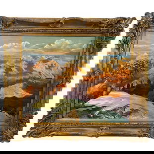 Impressive Landscape Oil Painting by Maruce Green: Frame: 39 in L x 33 in H - Painting: 29 in L x 23 in H ***** Oil on canvas by famous Albuquerque artist Maurice Green who lived and worked in Albuquerque until he passed in 2000. Its oil on Panel and