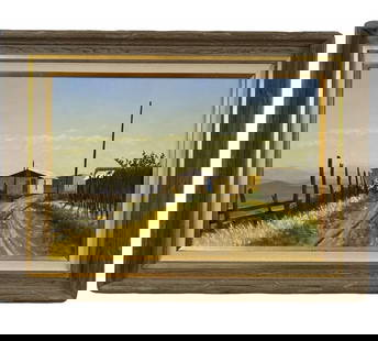 Landscape Oil on Panel Painting by Walt Johnston: Frame: 39 in L x 29 in H - Painting : 29 x 19 in H *****Walt Johnston ( 1932-2018) was a contemporary realist. He looked at everything in the most modern way, saw the underlying abstract form, then br