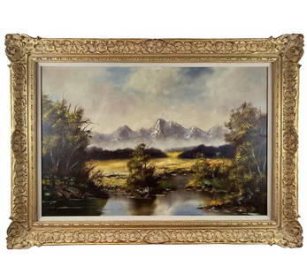 Landscape Oil Painting on Canvas - Signed: Frame: 44 in L x 31 in H