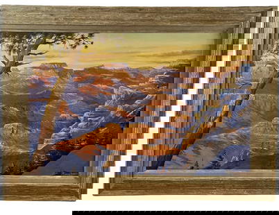 1978 Grand Canyon Landscape Huge Oil Painting by Maurice Green: Frame 63 in L x 45 in H - Painting: 51 in L in L x 31 in H **** Oil on Panel by famous Albuquerque artist Maurice Green who lived and worked in Albuquerque until he passed in 2000. Its oil on Canvas a