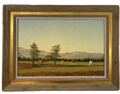 1995 GrassFed Cows Landscape Oil Painting by Walt Johnston: Oil On Canvas - Frame: 39 x 29 in - Painting size: 30 in x 20 in ****Walt Johnston ( 1932-2018) was a contemporary realist. He looked at everything in the most modern way, saw the underlying abstract