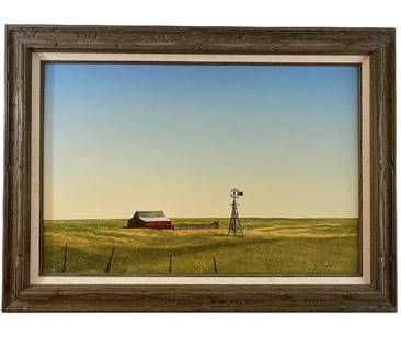 1970 Landscape Winmill Oil Painting by Walt Johnston: Oil On Canvas - Frame: 37 x 27 in - Painting size: 29 in x 19 in ****Walt Johnston ( 1932-2018) was a contemporary realist. He looked at everything in the most modern way, saw the underlying abstract