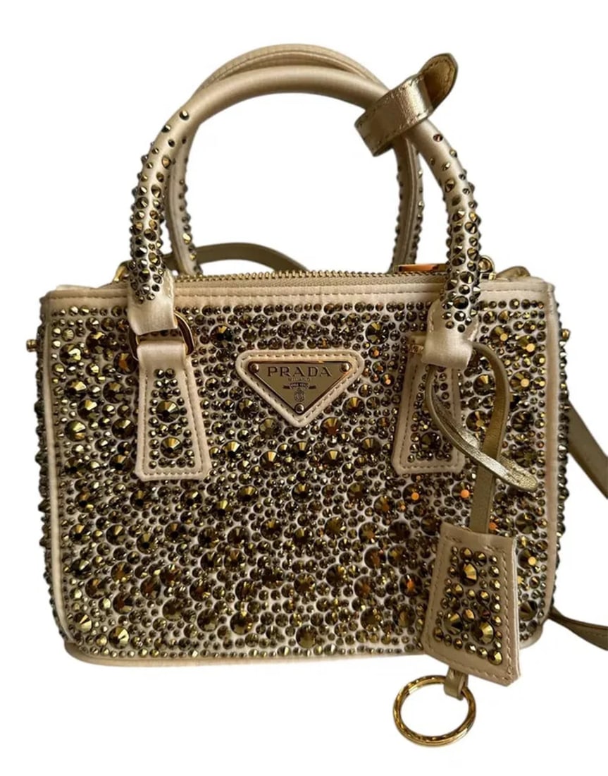 Prada Galleria Crystals Gold Bag: Size: 9 in x 6 in x 4 in -Made in Italy- Includes Box and dust bag. Shipping only. In good condition. All sales are final,please inspect all the items before bidding.